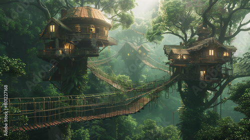 A forest canopy enclave of interconnected treehouses linked by rope bridges. photo