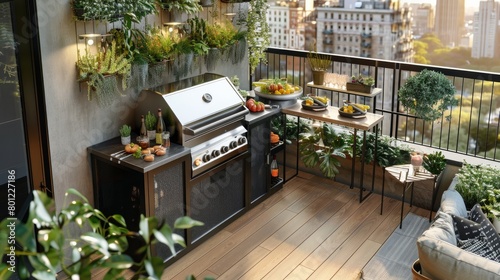 imagine a balcony transformed into a mini outdoor kitchen with a built-in grill, bar seating, and herb garden, ideal for alfresco dining and entertaining  photo