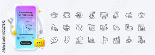 Tax document, Job and Delivery discount line icons for web app. Phone mockup gradient screen. Pack of Block diagram, Wallet money, Shopping basket pictogram icons. Vector