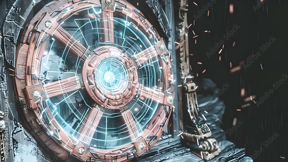 Obraz premium 3D render showing an old wooden cartwheel transforming into a digital wheel . Concept Transformation, Old vs New, Digital Art, Technology Evolution, 3D Rendering