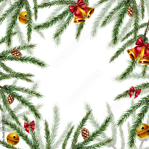 Frame with christmas golden bells, red satin bow, spruce and pine branches, cedar, fir cones illustration. New year watercolor symbol isolated on background. For designers, decoration, shop, for postc