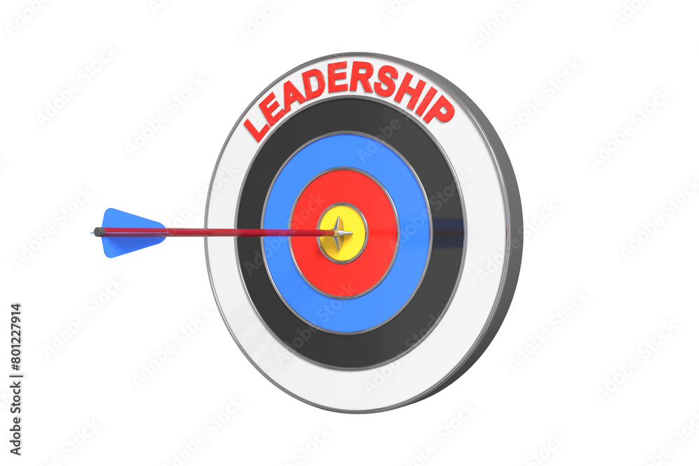 An arrow flies and hits the target of a text LEADERSHIP. Concept of target, success, solution. 3D illustration. An arrow flies and hits the target of a text LEADERSHIP. Concept of target, success, solution. 3D illustration.