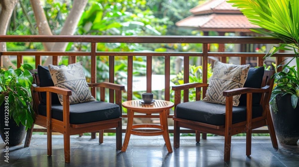 two stylish wooden chairs with cushions and a small wooden table at a balcony of a room in a resort, surrounded by garden 