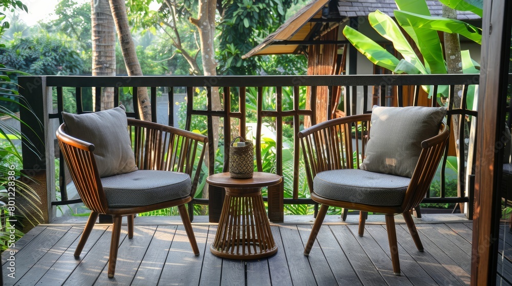 two stylish wooden chairs with cushions and a small wooden table at a balcony of a room in a resort, surrounded by garden 