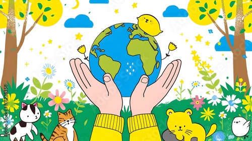 Hands Holding Globe Surrounded by Nature in Minimalist Representing Biodiversity and Sustainability