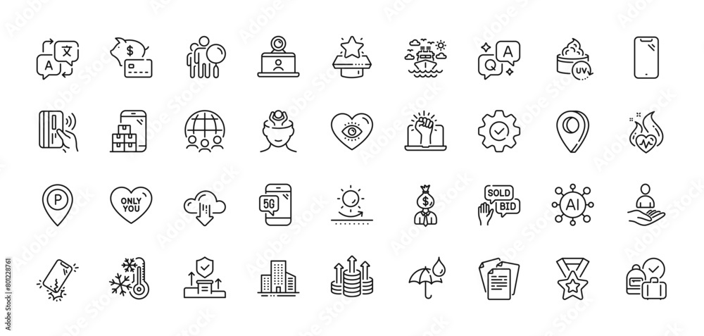 Parking, Manager and Security agency line icons pack. AI, Question and Answer, Map pin icons. Meditation eye, Video conference, Cloud download web icon. Vector