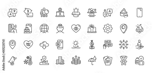 Parking  Manager and Security agency line icons pack. AI  Question and Answer  Map pin icons. Meditation eye  Video conference  Cloud download web icon. Vector