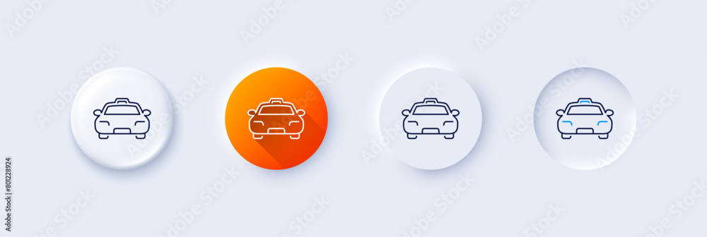 Taxi line icon. Neumorphic, Orange gradient, 3d pin buttons. Client transportation sign. Passengers car symbol. Line icons. Neumorphic buttons with outline signs. Vector Taxi line icon. Neumorphic, Orange gradient, 3d pin buttons. Client transportation sign. Passengers car symbol. Line icons. Neumorphic buttons with outline signs. Vector