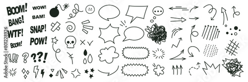 Anime emotion effect set. Doodle hand drawn text bang, boom, pow, wow. Hand drawn cartoon explosion bomb effect, splash, exclamation. Arrows and speech bubbles. Vector illustration