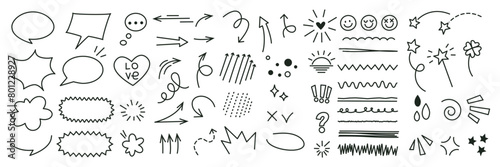 Scribble doodle underline emphasis line shape elements set. Heart, arrow, star, sparkle decoration symbol pack icon. Hand drawn speech bubble in simple childish drawing style. Vector illustration