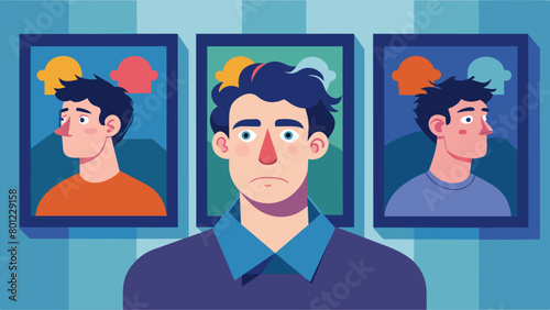 A series of powerful selfportraits by a neurodivergent artist with bipolar disorder hang in a corner of the gallery each one depicting a different. Vector illustration