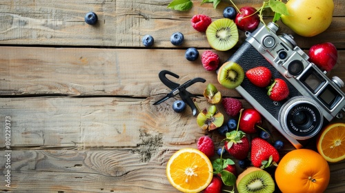 Old photo camera with summer fruits on wooden background. Top view. summer day