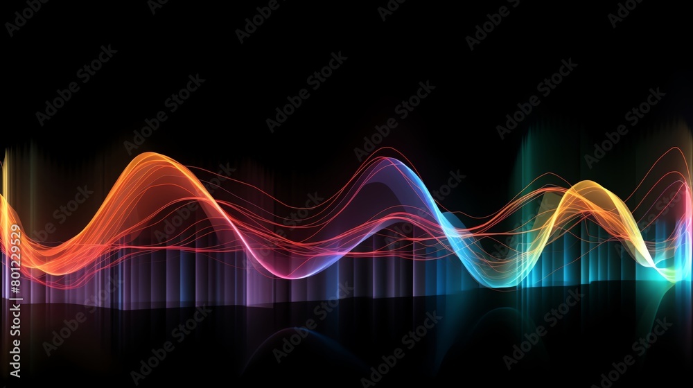 Creative representation of sound waves in multiple colors against a black backdrop suitable for music and technology themes Creative representation of sound waves in multiple colors against a black backdrop suitable for music and technology themes