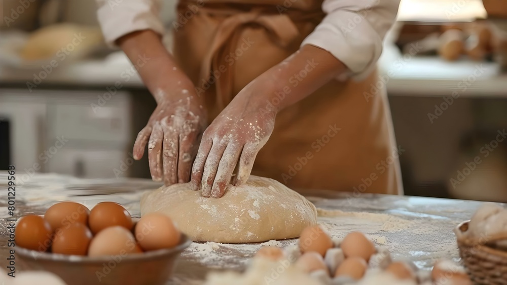 Fototapeta premium Housewife kneading dough to make elastic gluten with chicken eggs . Concept Cooking, Baking, Homemade, Culinary Arts, Kitchen Skills
