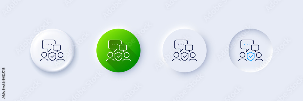 Security agency line icon. Neumorphic, Green gradient, 3d pin buttons. Body guards sign. Private protection symbol. Line icons. Neumorphic buttons with outline signs. Vector Security agency line icon. Neumorphic, Green gradient, 3d pin buttons. Body guards sign. Private protection symbol. Line icons. Neumorphic buttons with outline signs. Vector