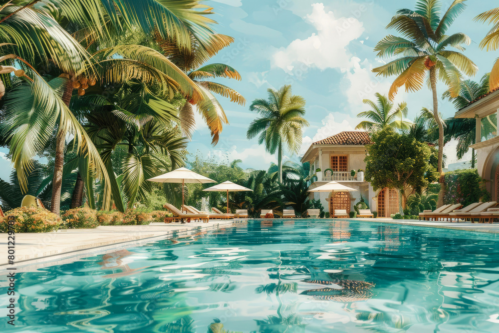 Fototapeta premium a luxurious pool and hotel interior for a summer holiday or in warm countries. Beautiful tropical beach hotel resort with swimming pool, sun loungers and palm trees