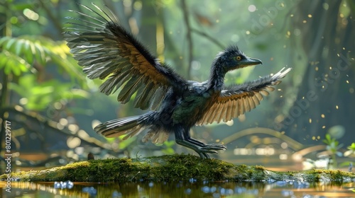 Archaeopteryx The First Feathered Dinosaur in a D Rendered Image © Sittichok