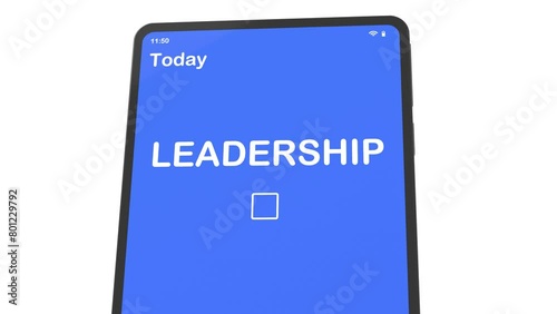 Electronic tablet with calendar app and text LEADERSHIP. Scheduling concept, deadline control. 3D animation.