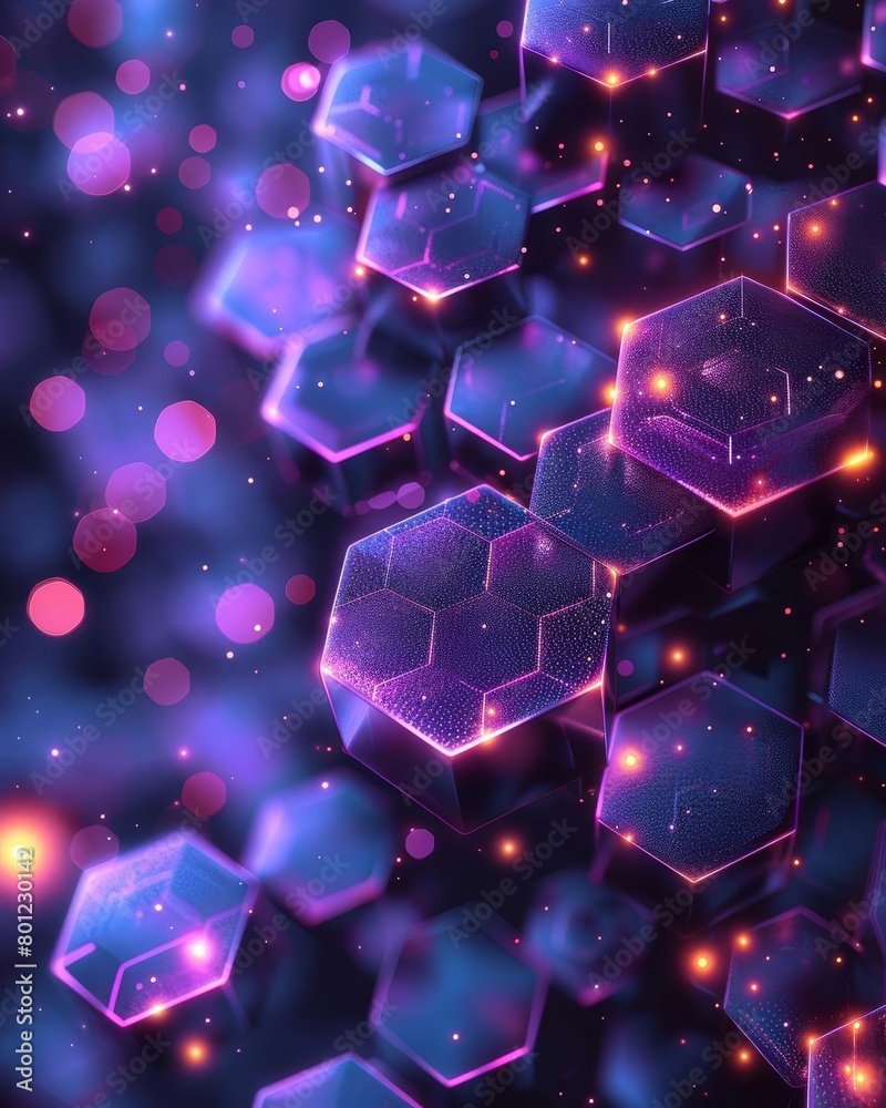 Create a seamless pattern with glowing pink and purple hexagons. The hexagons should be of varying sizes and arranged in a random pattern. The background should be a dark blue. Create a seamless pattern with glowing pink and purple hexagons. The hexagons should be of varying sizes and arranged in a random pattern. The background should be a dark blue.