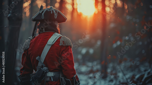 18th century English soldier in uniform in winter forest. View from back photo