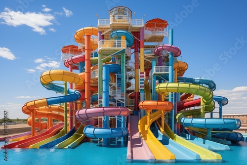 Many colorful slide in water park