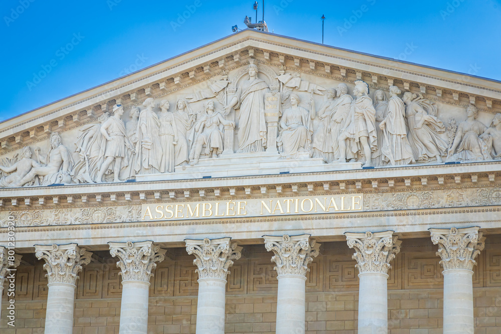 Assemblee Nationale name of the facade of the building in Paris, France