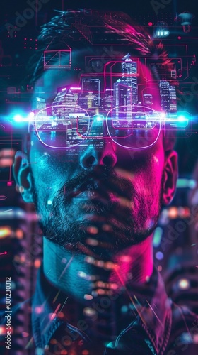 Man with Futuristic Digital Overlay and Cityscape 