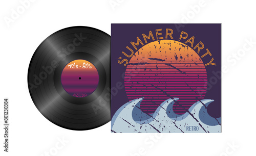 Retro summer beach party 70's 80's 90's poster vinyl lp bakelite concept illustration vector. Vintage party background concept illustration with reflection.
