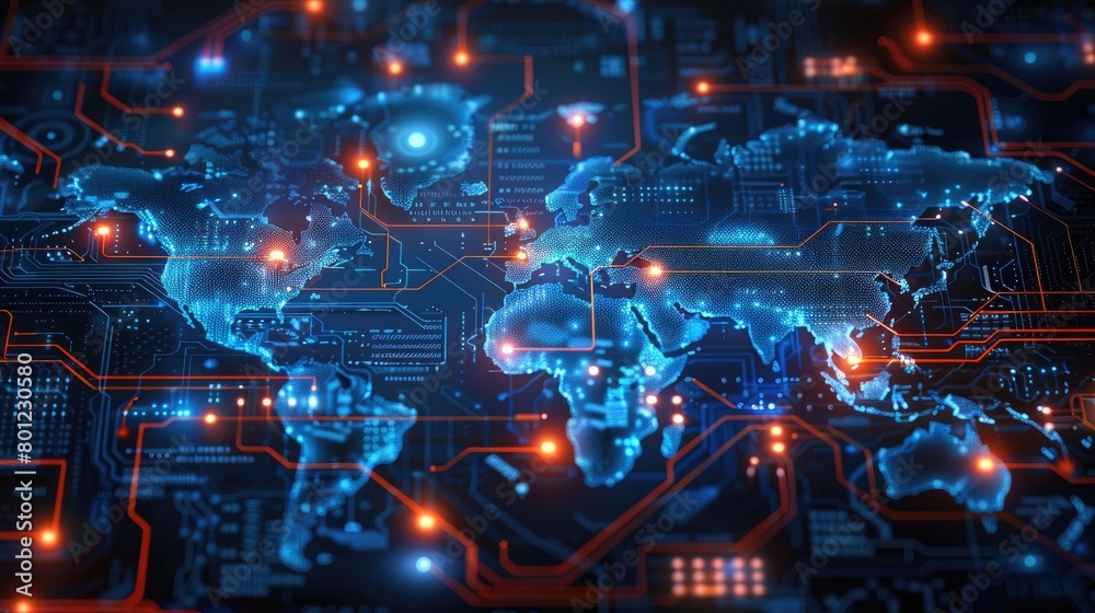 Obraz premium World map digital tech circuit board background