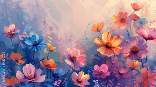 Brightly colored nature wallpaper  wildflowers in a field  oil on canvas illustration