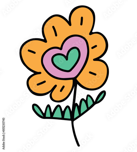 Retro fancy daisy flower. Decorative orange cute graphic doodle flower with heart