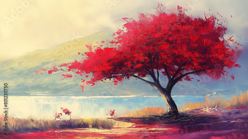 Red tree stand alone near lake and vocano mountain technique of oil painting