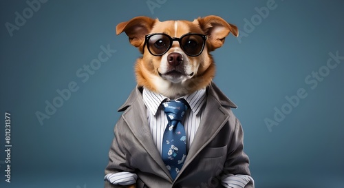 Cool dog sporting a tie, glasses, and a jacket in a quirky fashion outfit. Large banner with right-side text space. Chic animal dressing up as a supermodel © Ali Khan