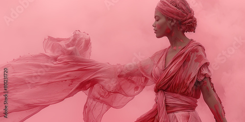 Mythology concept. Portrait of a young african woman as goddess Aphrodite posing over pink background. Retro, vintage, banner style. Outdoor shot
