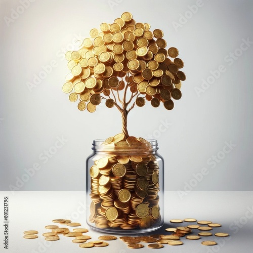 Wealth growth: golden coin tree in a glass jar © Lenuccia