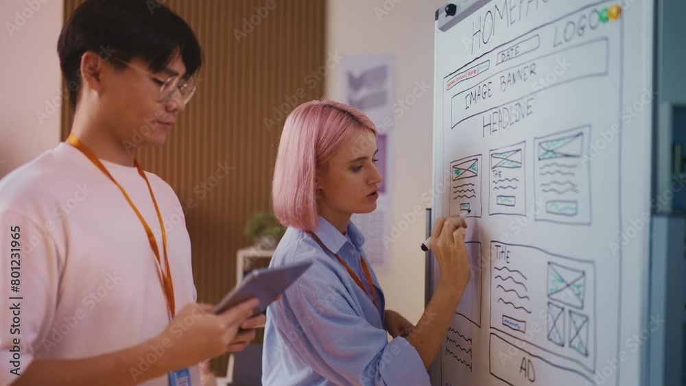 Web developers working on a new website design, brainstorming near whiteboard