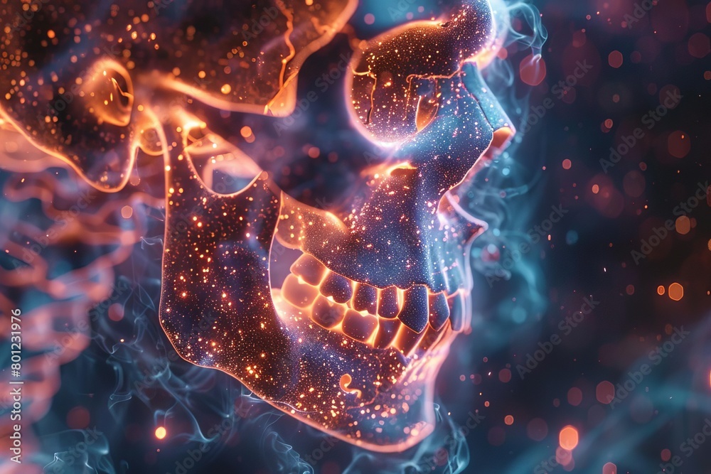 custom made wallpaper toronto digitalCreate a highly detailed, realistic, ing of a skull made of blue and orange fire. The skull should be surrounded by a dark blue background with glowing orange particles.