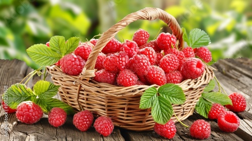 Organic ripe red raspberries displayed in a charming rustic wooden basket, fresh berry harvest
