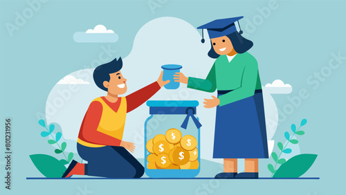 A parent and child adding change to a jar labeled College Fund with a picture of a cap and gown.