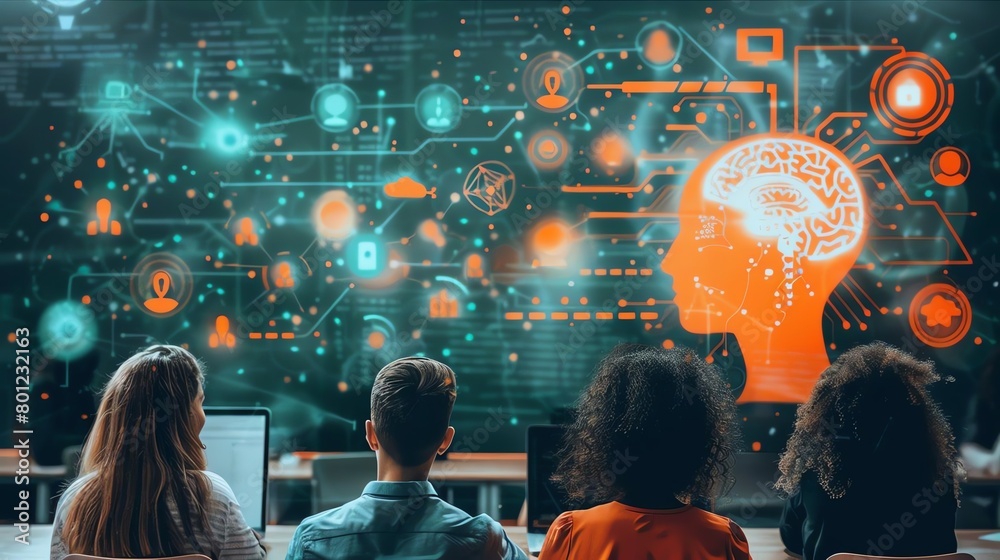 Obraz premium group of diverse students sitting in a classroom, looking at a large screen with a glowing orange brain and a circuit board with binary code.