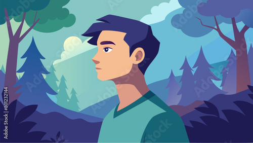 A young man looks off into the distance his soft features highlighted by the light filtering through the trees..