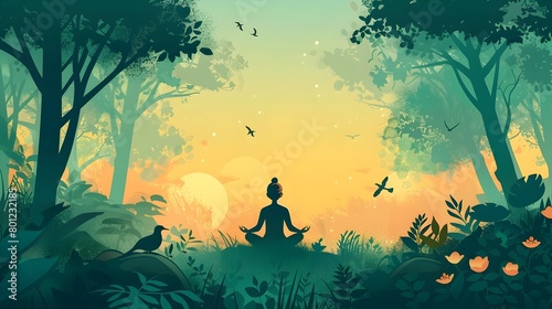 Peaceful meditation in serene natural landscape with trees birds and calm surroundings symbolizing mental wellness and self care practices