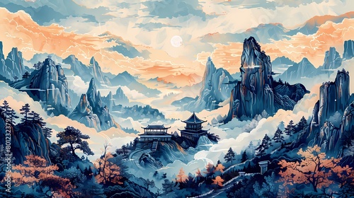 Fantasy pavilion traditional architecture illustration poster background