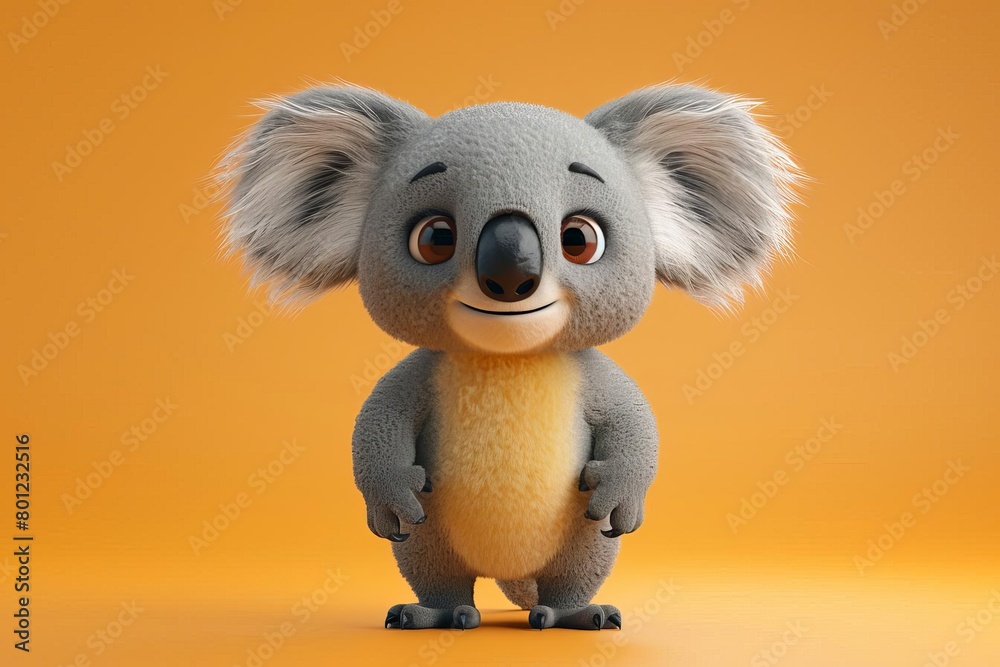 Create a cute and cuddly koala character. The koala should be standing on a solid color background. The koala should be looking at the camera and smiling. Create a cute and cuddly koala character. The koala should be standing on a solid color background. The koala should be looking at the camera and smiling.