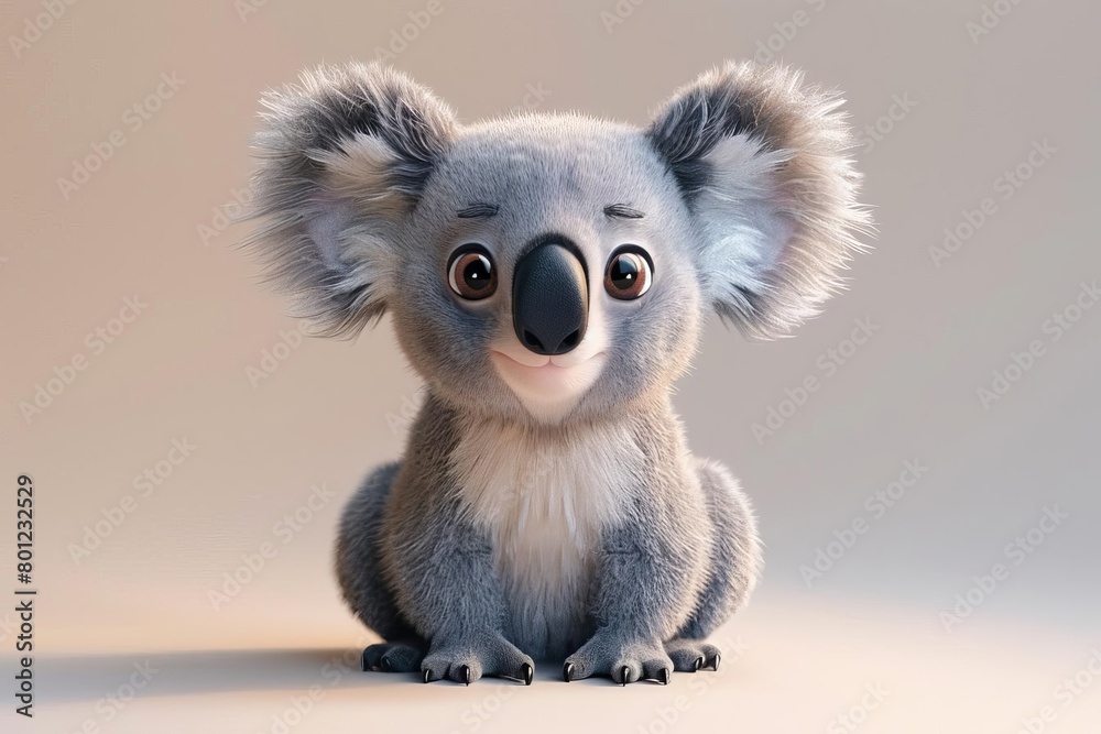 Photo of the cutest koala you've ever seen. It's sitting down and looking at you with its big, round eyes. Its fur is soft and fluffy.