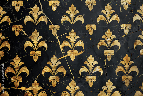 Stylization of golden fleurs de luce on black marble wall in french palace, hotel. Close up. Indoor shot photo