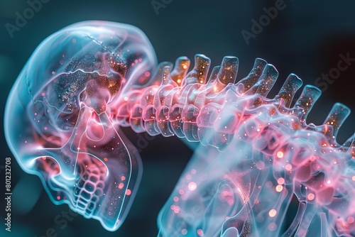 An illustration of the human spine and skull, made of glass and lit from within photo