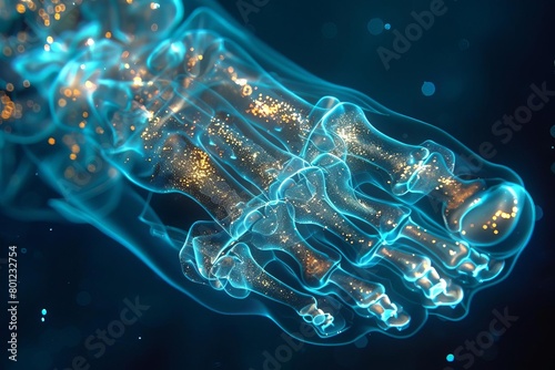 An X-ray of a foot shows the bones in blue and the soft tissues in yellow.