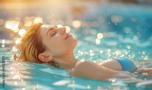 Young woman relaxing in outdoor spa swimming pool.Beauty and body care
