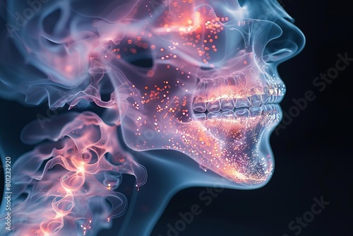 An illustration of a person's head and neck, showing the sinuses and nasal passages. The sinuses are inflamed and irritated. photo